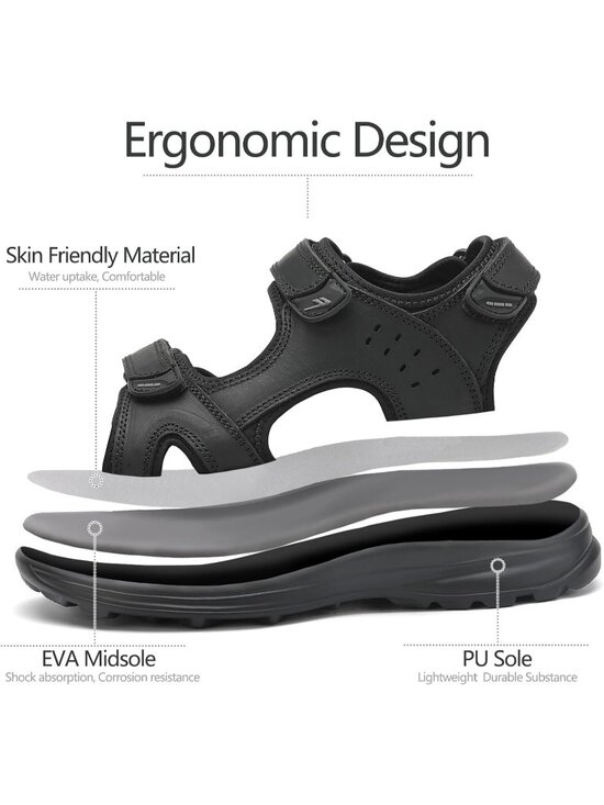 Men\'s All Black Adjustable Open Toe Leather Athletic Sport Hiking Sandal Shoes main image 6